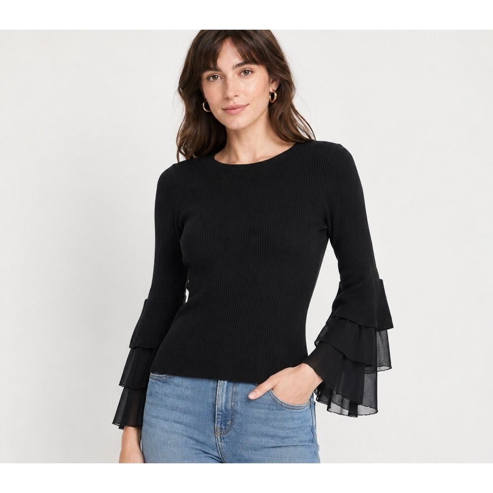 Design History Ethelda Ruffle Bell Sleeve Sweater, Black, Medium